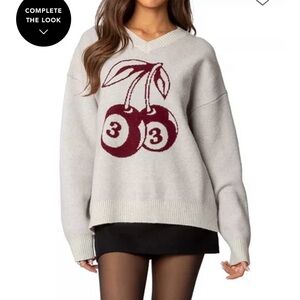Edikted V-Neck Sweater with Cherry Design in Gray and Burgundy